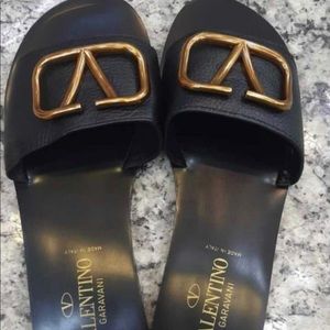 Valentino black sandals with gold logo , used but in pristine condition